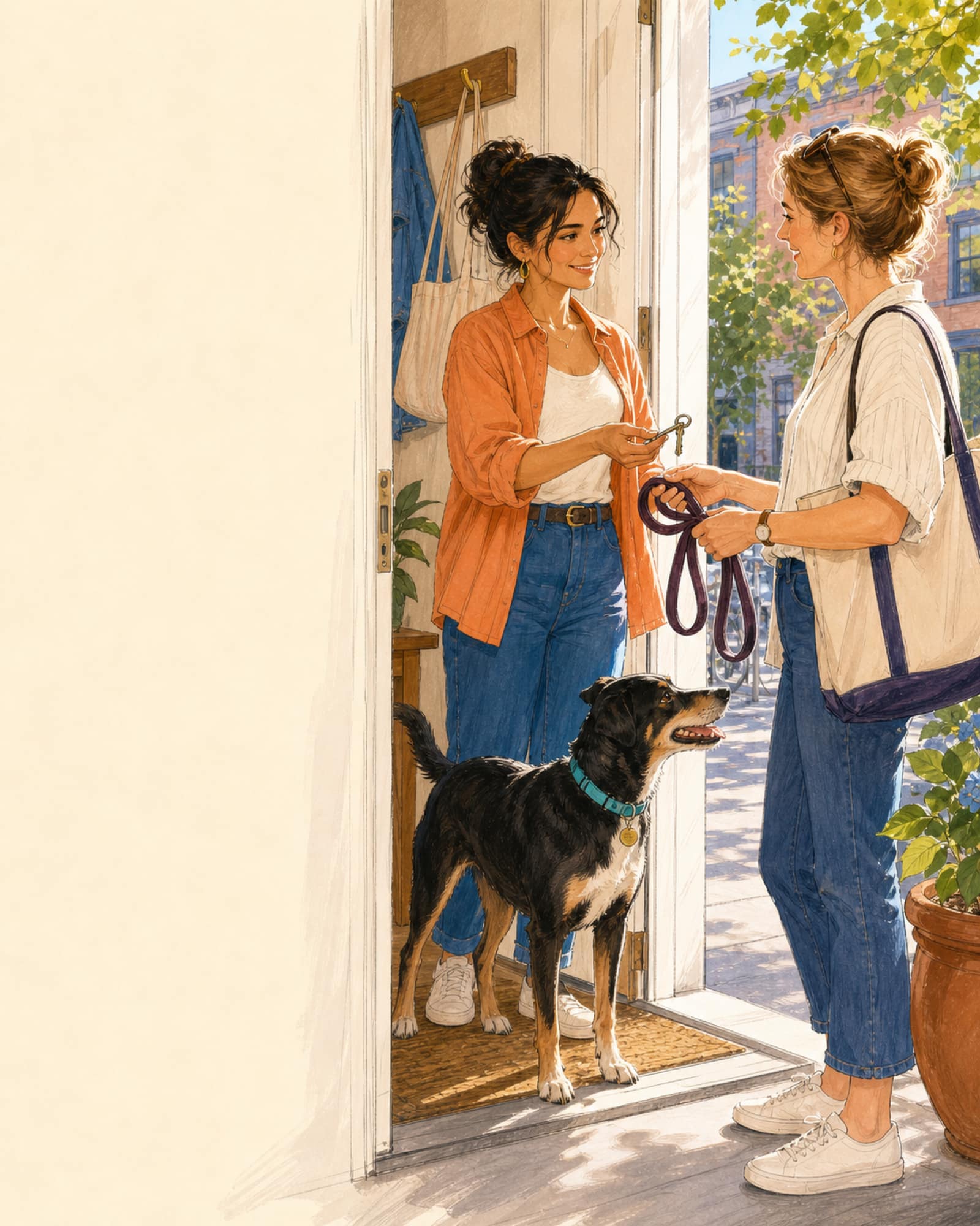 Illustration of a neighbor at an open front door accepting a house key and a leash from a pet parent while their dog stands between them