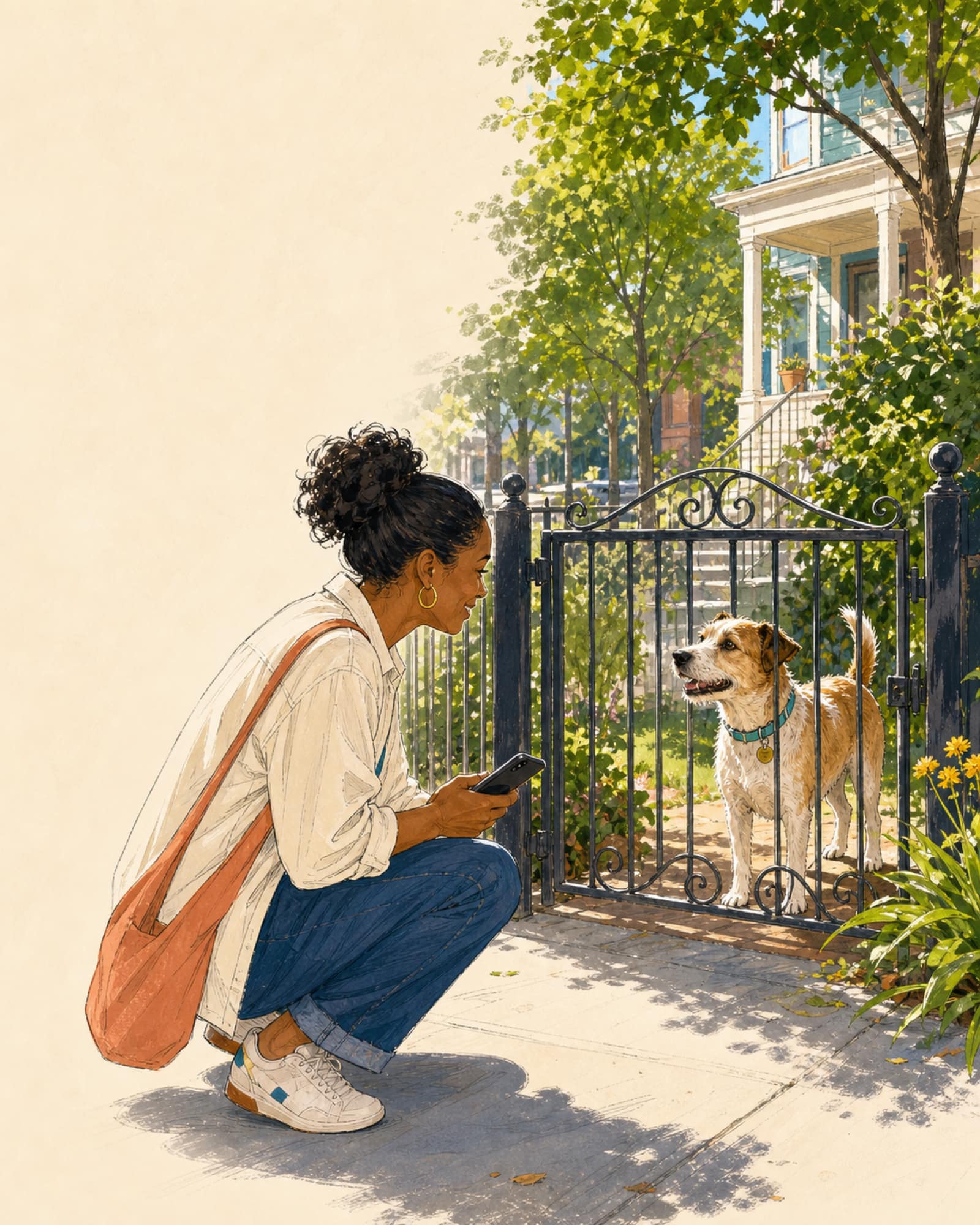 Illustration of a neighbor crouched at a garden gate with her phone while a small terrier looks up at her from the yard