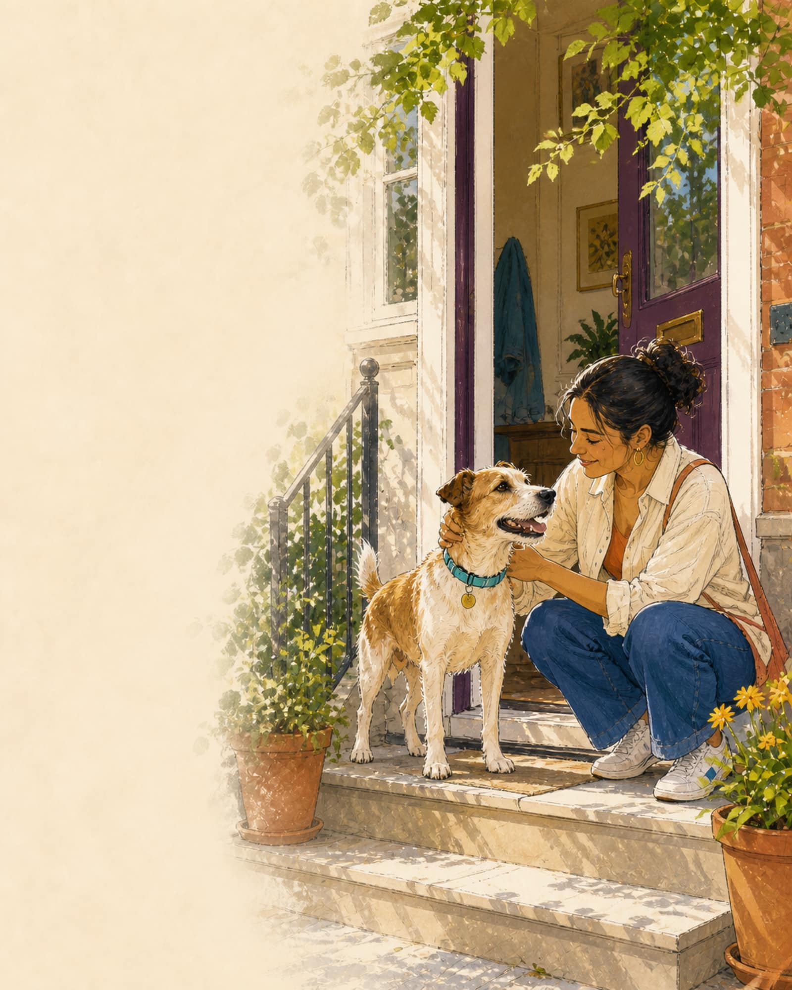 Illustration of a woman crouched on her front step in morning light with a hand on her dog’s neck, the door open behind them